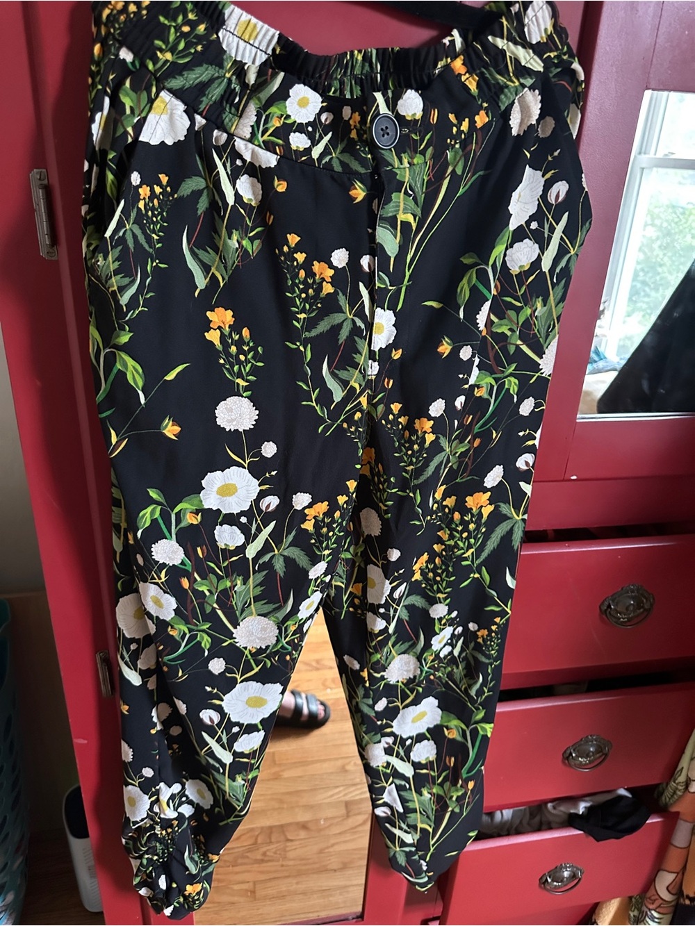 CAbi Black Floral Elastic-Waist Track Pants